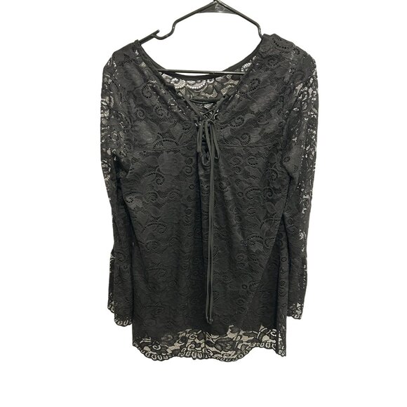Kate & Mallory Womens XL Black Lace Top Floral Whmsigoth Witchy Bell Sleeve - Picture 2 of 11